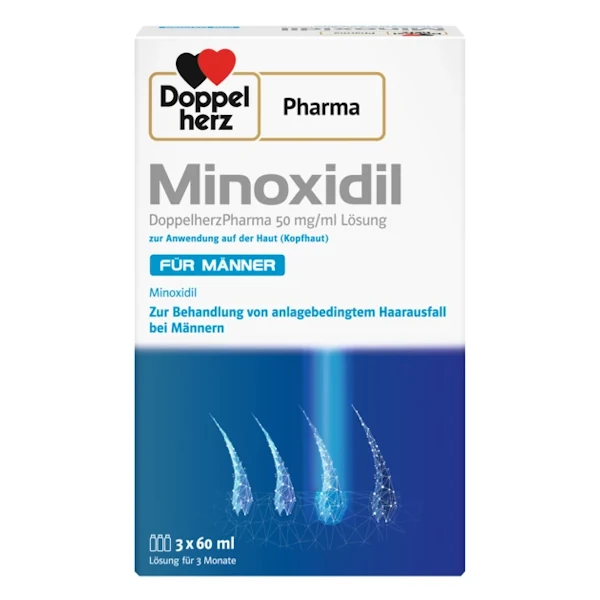Eine Packung DoppelherzPharma Minoxidil 50 mg/ml Loesung zur Anwendung auf der Kopfhaut